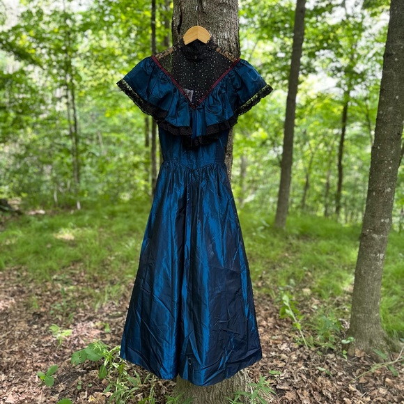 Gunne Sax Dresses & Skirts - 80 Vintage Gunne Sax Navy Satin Midi Dress with Black Lace Size Small
